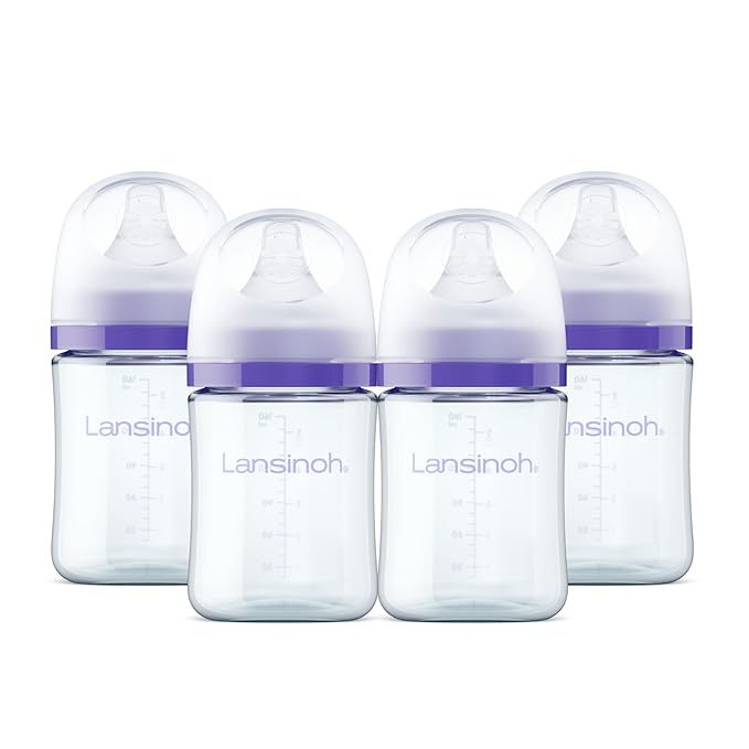 Lansinoh Anti-Colic Glass Baby Bottles, 5 Ounces, 4 Count Bottles for Feeding, Baby Essentials, Includes 4 Slow Flow Nipples, Size S
