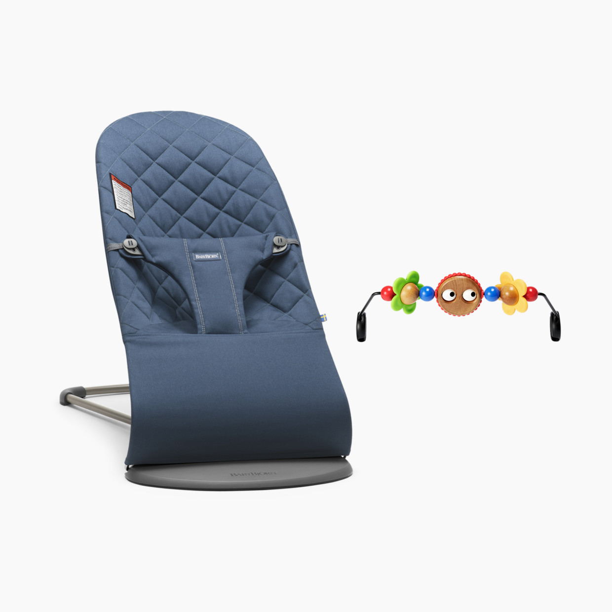 BabyBjörn Bouncer Bliss and Toy Bar Bundle - Midnight Blue/Googly Eyes.
