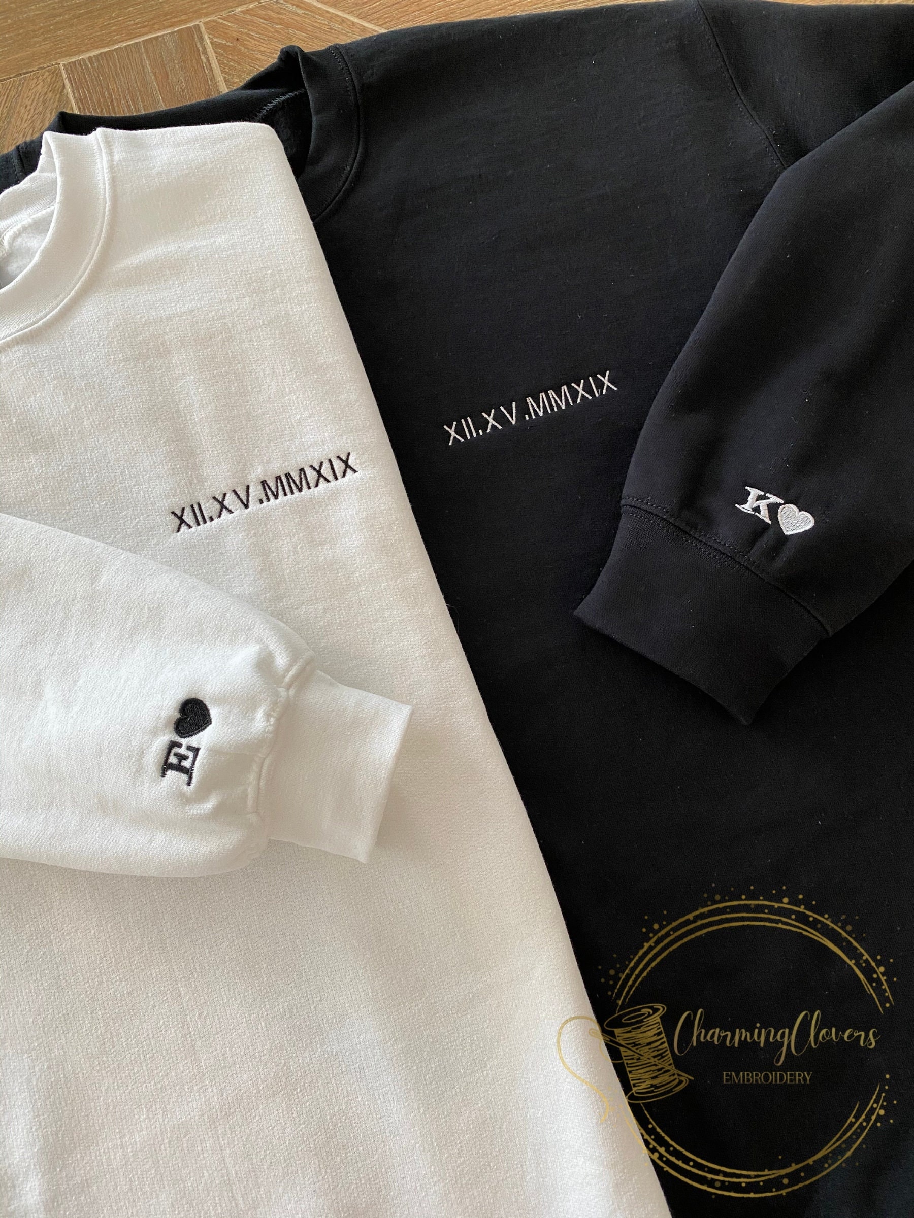 CharmingClovers Custom Embroidered Roman Numeral Date + Initials Couple's Crewneck Sweatshirt.