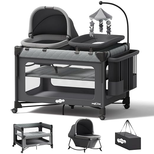 Pamo Babe Pack and Play with Bassinet - 7 in 1 One-Step Setup Bedside Crib, Portable Playpen, Travel Crib, Baby Playard with Diaper Changing Station, Toy Bar & Large Storage Bag