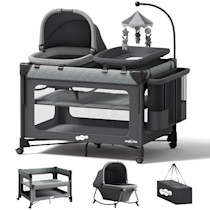 Pamo Babe Pack and Play with Bassinet - 7 in 1 One-Step Setup Bedside Crib, Portable Playpen, Travel Crib, Baby Playard with Diaper Changing Station, Toy Bar & Large Storage Bag