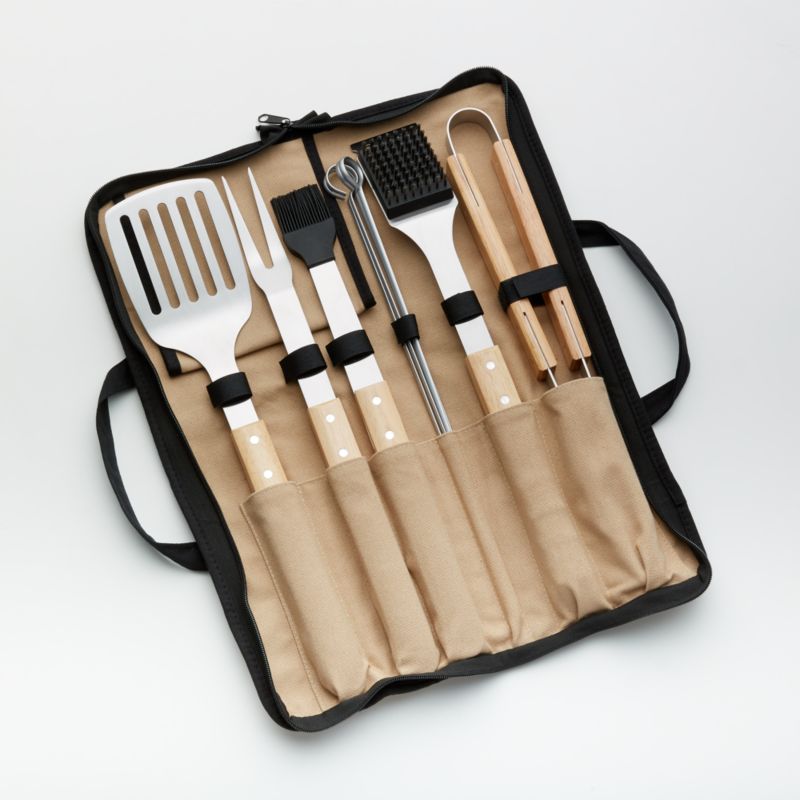 Crate & Barrel Wood-Handled 9-Piece Barbecue Tool Set.