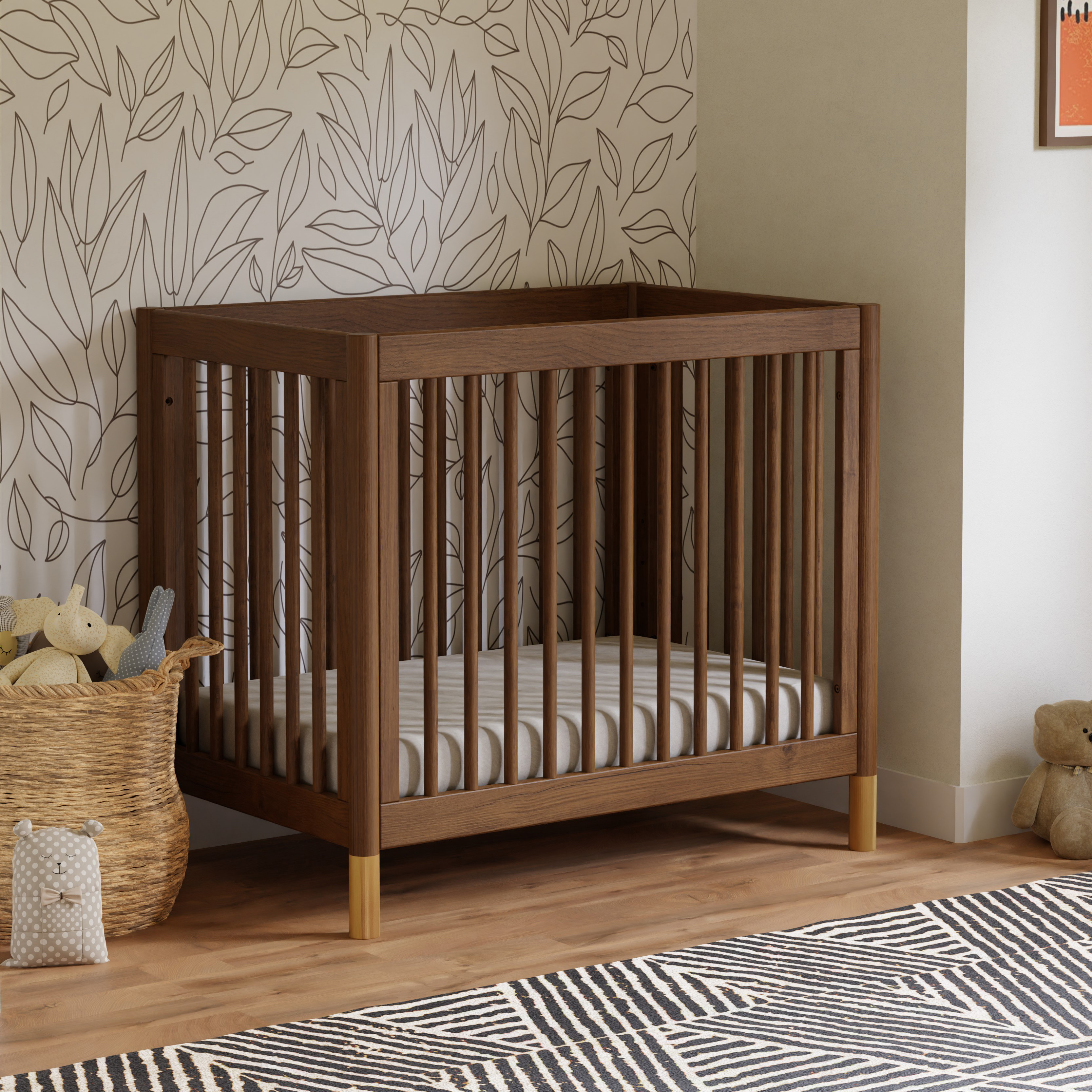 babyletto Gelato 4-in-1 Convertible Mini Crib - Natural Walnut & Gold Feet.