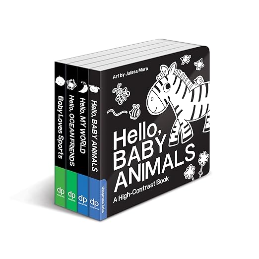  High Contrast Baby Book Set: Baby Animals, My World, Ocean Friends, Baby Loves Sports.