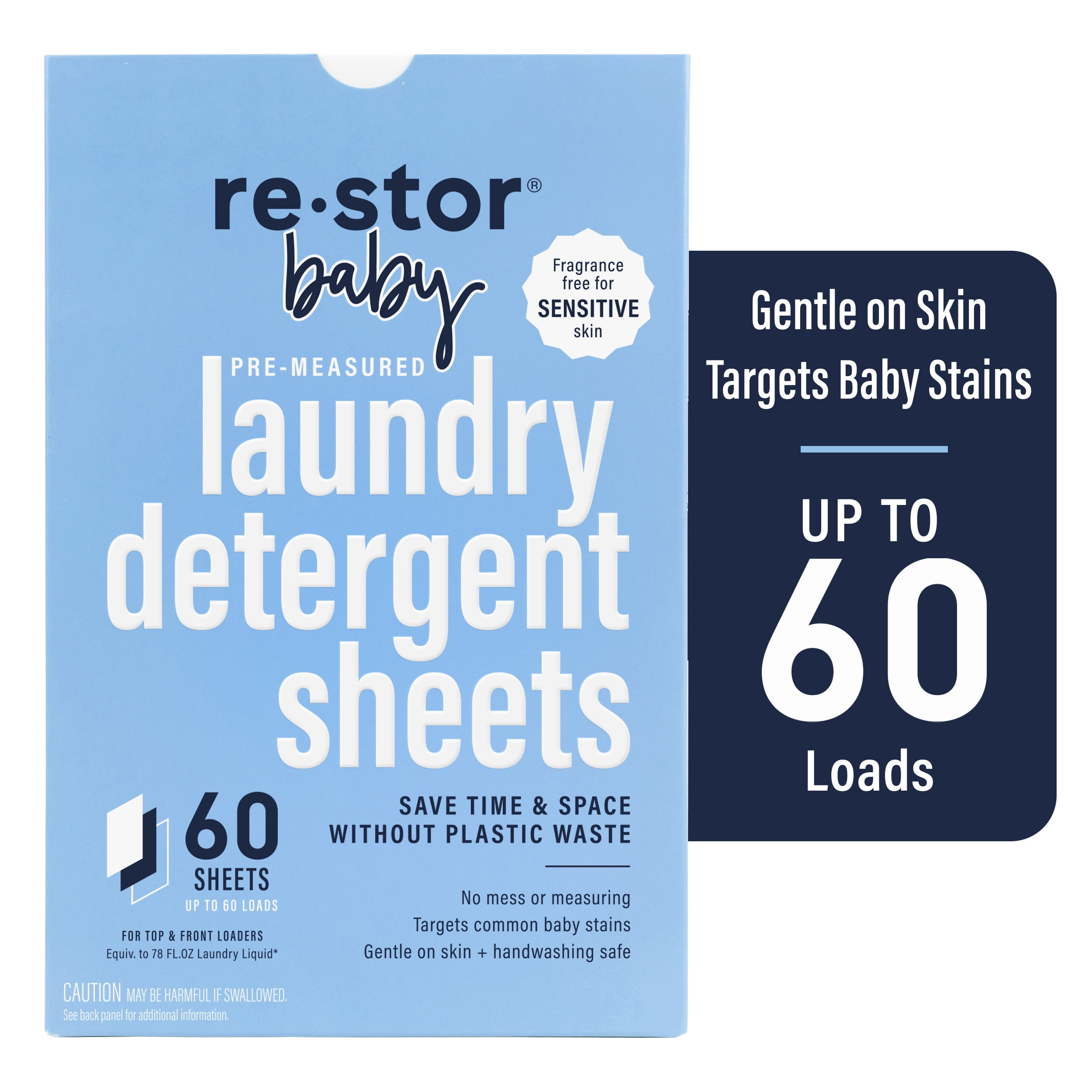 Restor Baby Laundry Detergent Sheets 60 Pack (unscented).