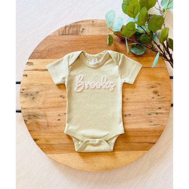 TheBonnyBabyCo Custom Hand Embroidered Felt Name Short Sleeve Bodysuit.