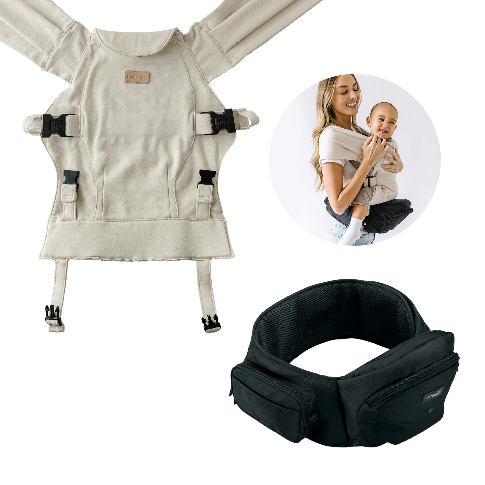 Tushbaby Hip Seat and Snug Carrier 2-in-1 Bundle - Black/Black, Cream Snug Carrier.