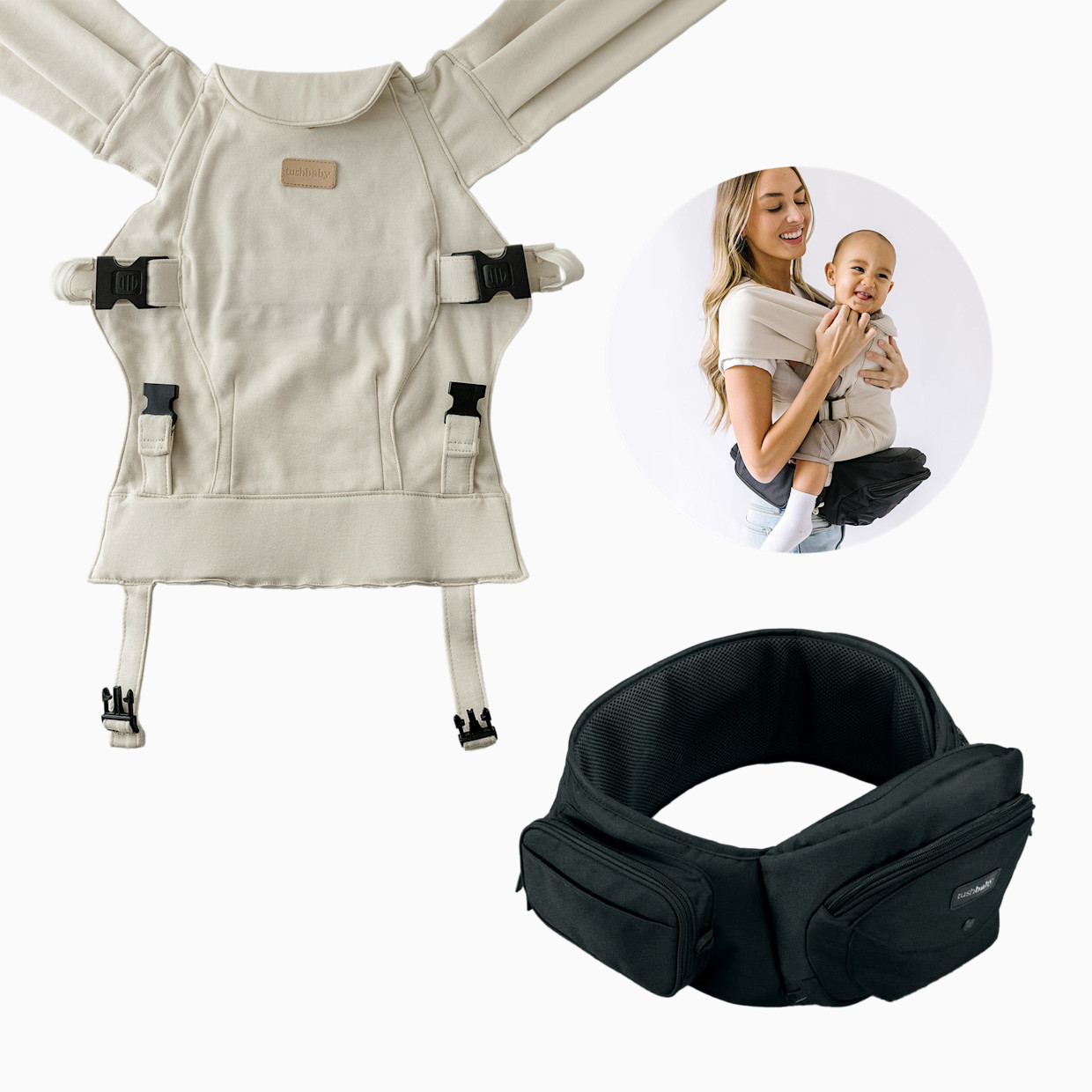 Tushbaby Hip Seat and Snug Carrier 2-in-1 Bundle - Black/Black, Cream Snug Carrier.
