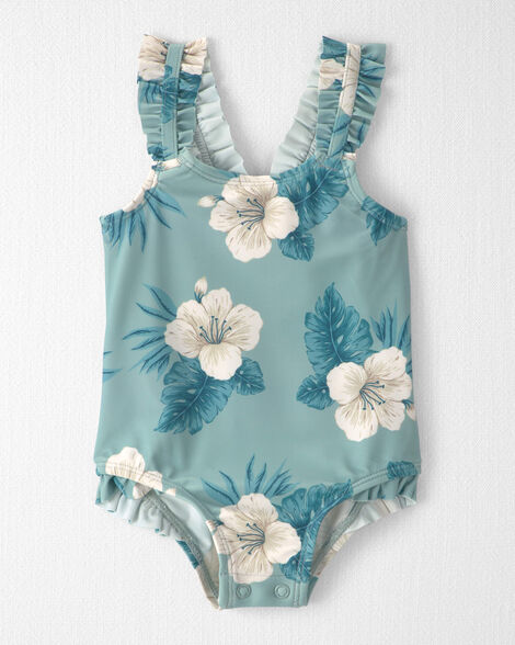 Ruffle 1-Piece Swimsuit in Blue Hibiscus.