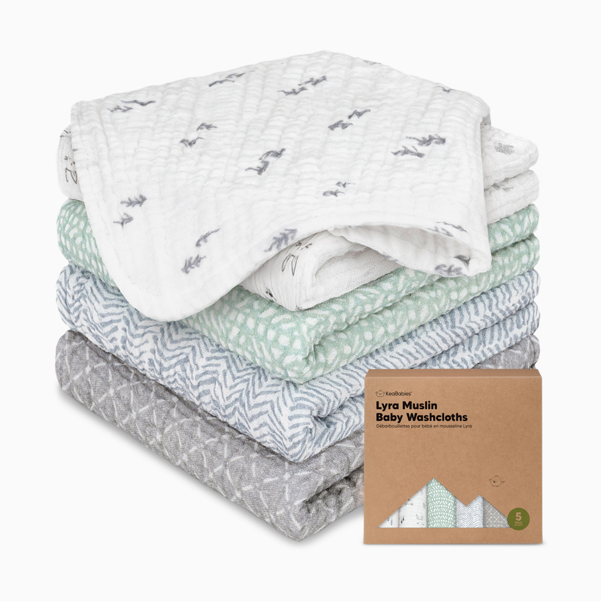 KeaBabies 5-Pack Lyra Muslin Baby Washcloths - Nordic.