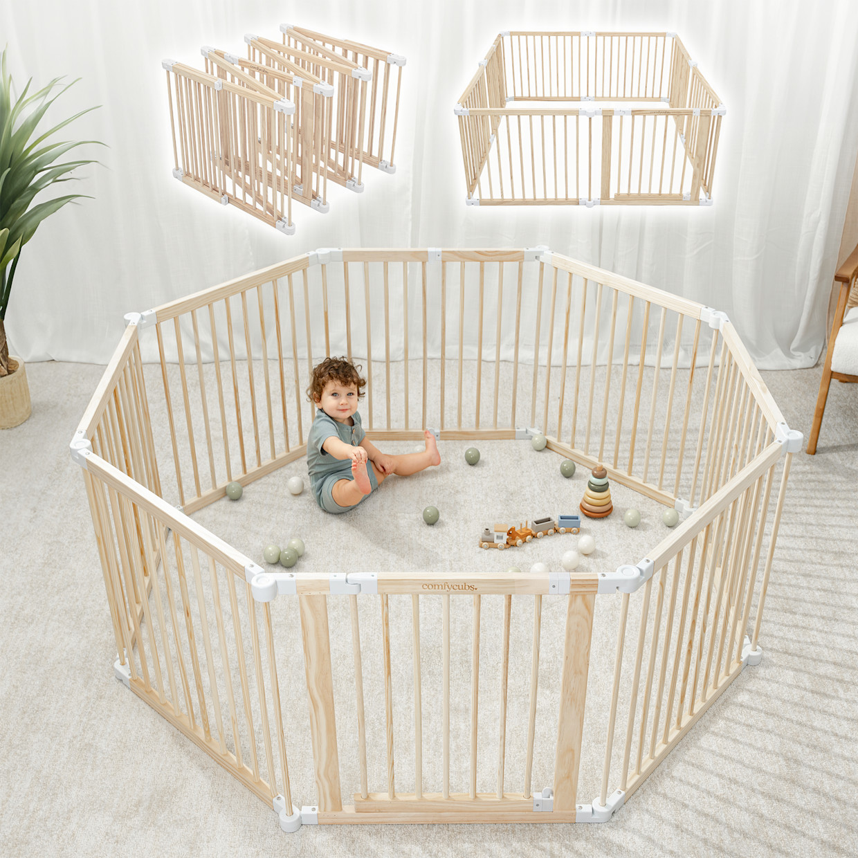 Comfy Cubs Baby Gate Playpen - Foldable with Child-Proof Lock - Natural Wood.