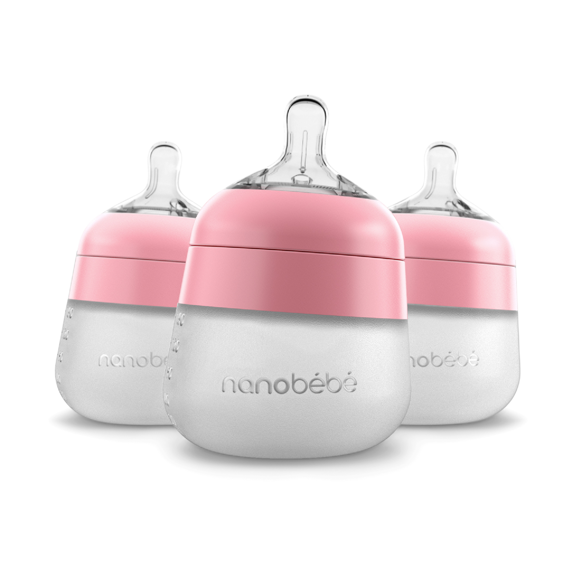 Nanobebe Flexy Silicone Baby Bottle, Anti-Colic, Natural Feel, Non-Collapsing Nipple, Non-Tip Stable Base, Easy to Clean 3-Pack, Pink, 5 oz