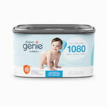 The Diaper Genie Jumbo+ Square Refill, with continuous film, can hold up to 1080 newborn-sized diapers per refill.