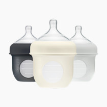 Boon Nursh Reusable Silicone Pouch Baby Bottles - Slow Flow Nipple - Silicone Baby Bottle Pouch and Nipple - Baby Feeding Essentials - Gray - 0-3 Months - 3 Count - 4 Ounce