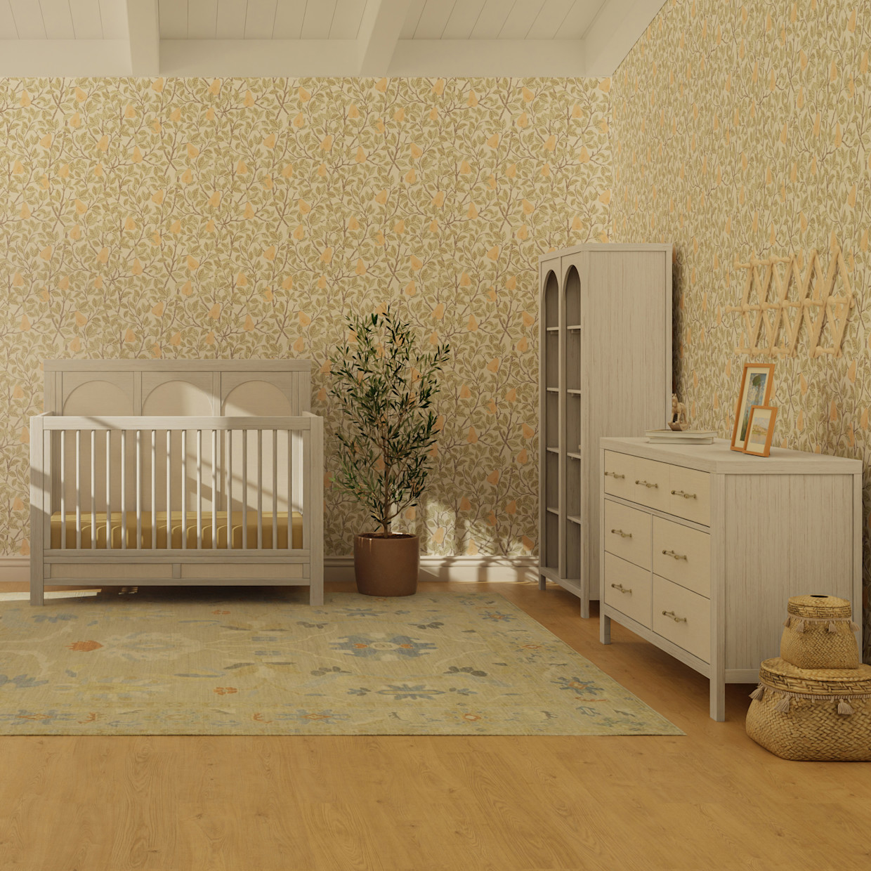 Namesake Eloise 4-in-1 Convertible Crib - White Driftwood And Performance Pearl Eco-Weave.