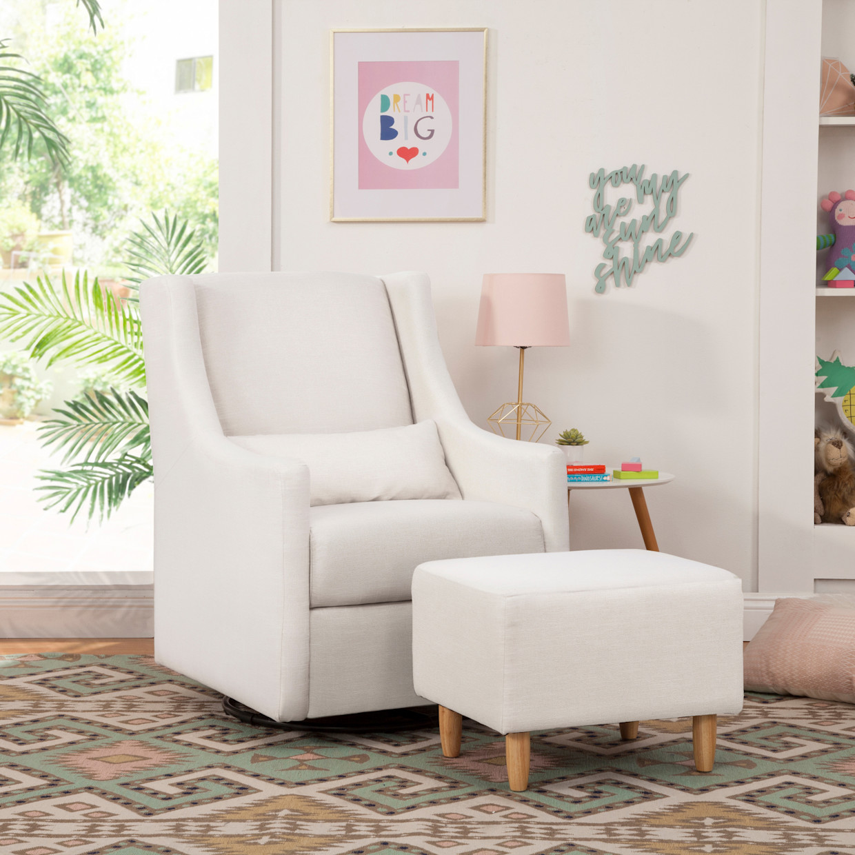 babyletto Toco Swivel Glider and Stationary Ottoman - Performance Cream Eco Weave.