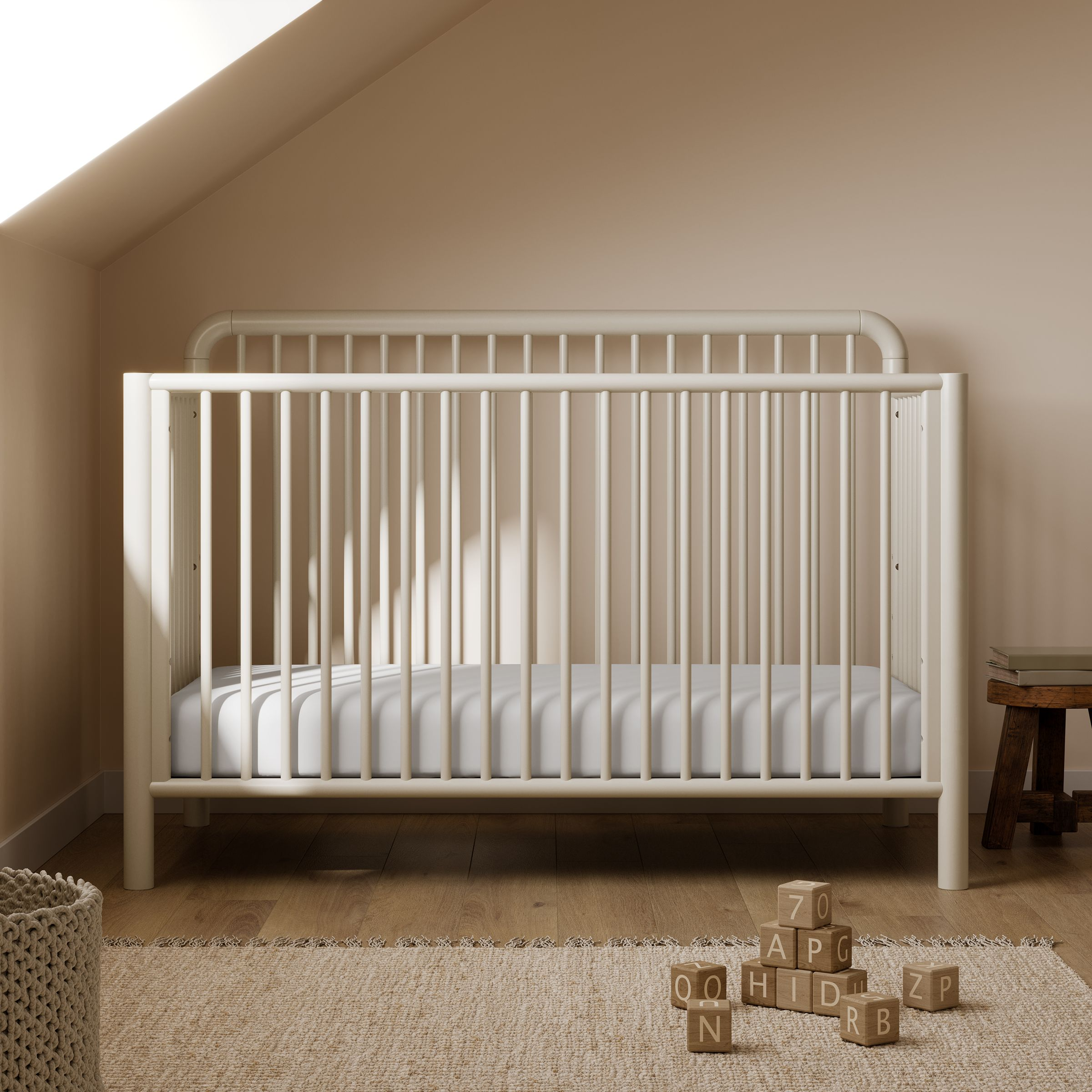 Storkcraft Porto 5-in-1 Convertible Crib with Toddler Guardrail - Frosted Oat.