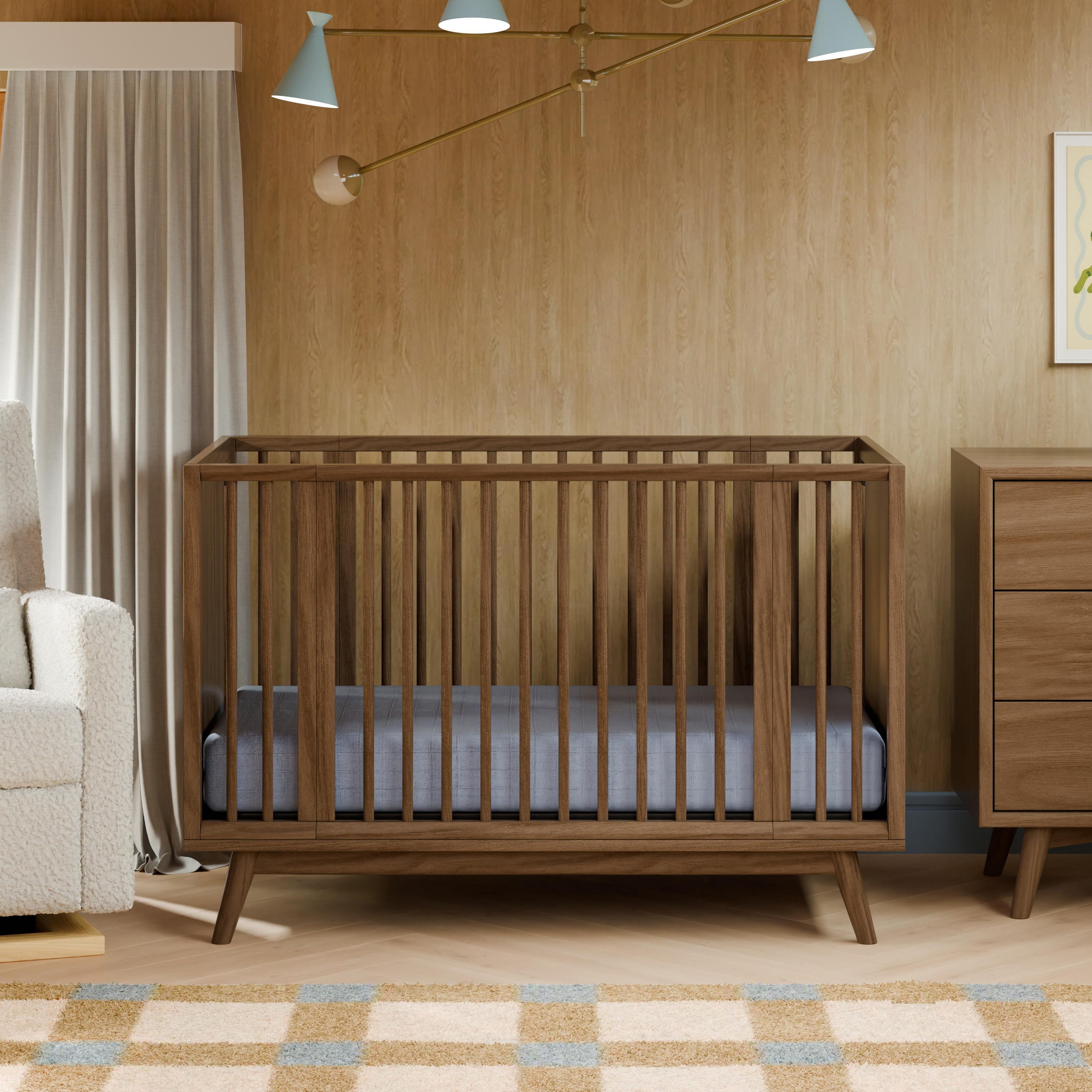 babyletto Palma 8-in-1 Convertible All-Stages Crib with Bassinet & Toddler Bed Kits - Natural Walnut.
