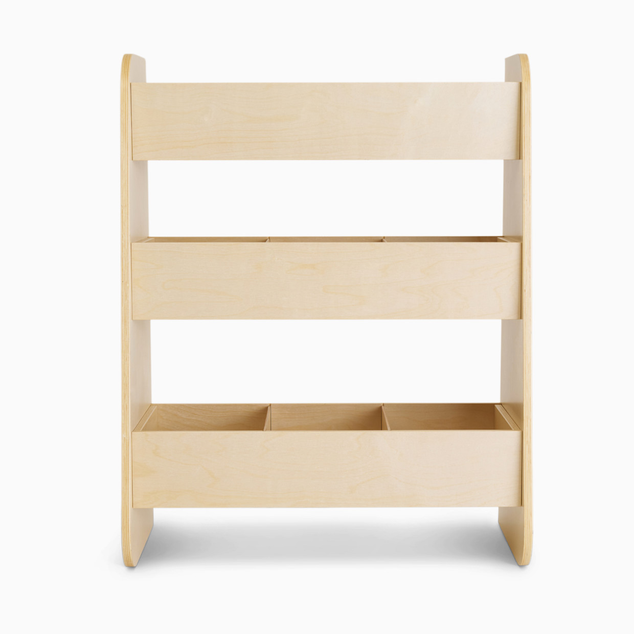 Wooden toy organizer shelf with open compartments.