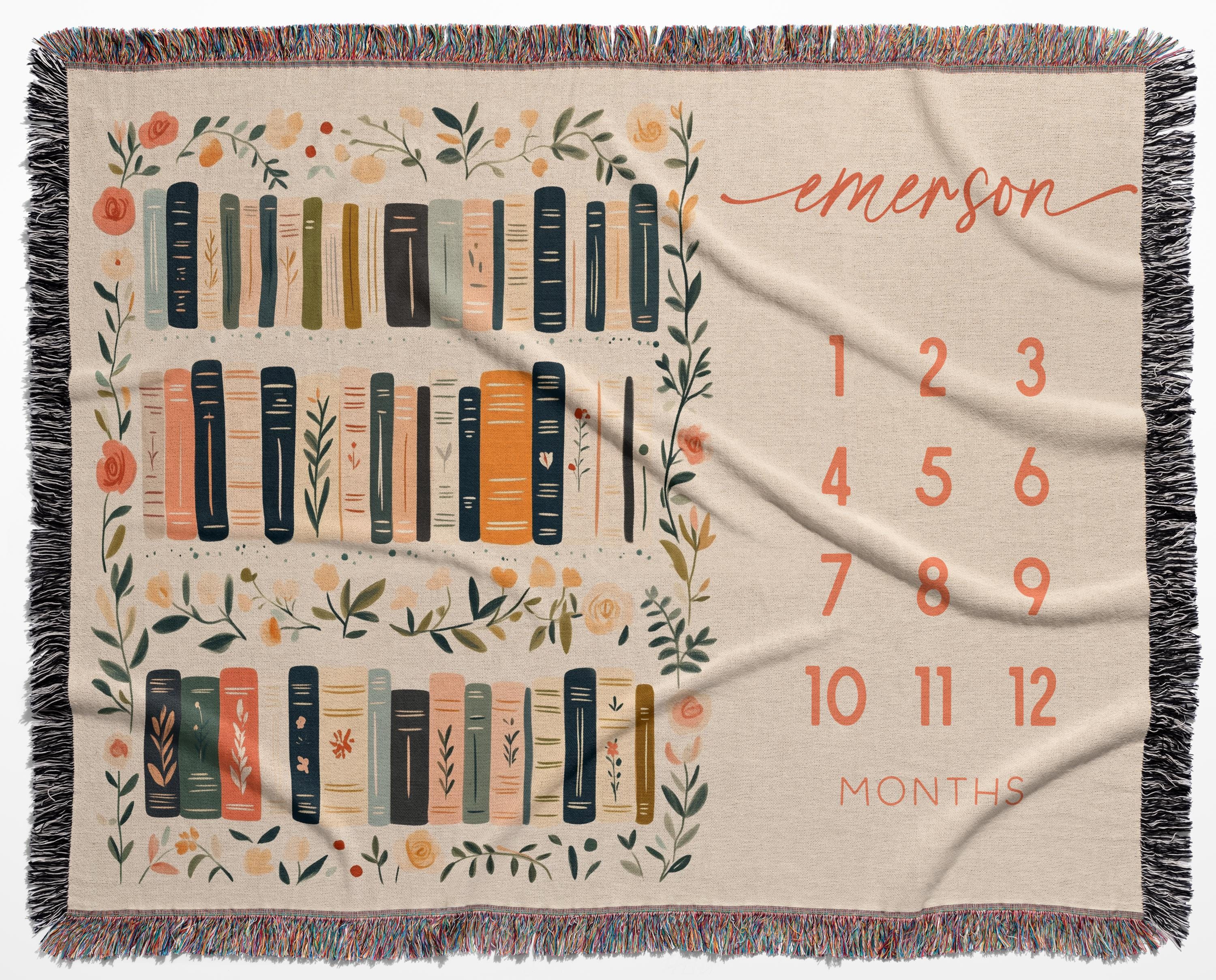 SusanPrintCrafted Custom Book-Themed Milestone Woven Blanket, Book Blanket for Nursery Decor, Wildflowers Books Monthly Blanket, Baby Shower Booklover Mom.