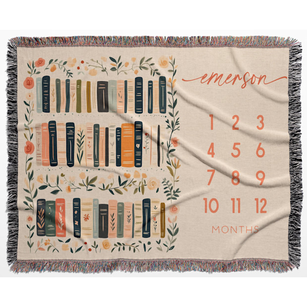 SusanPrintCrafted Custom Book-Themed Milestone Woven Blanket, Book Blanket for Nursery Decor, Wildflowers Books Monthly Blanket, Baby Shower Booklover Mom.