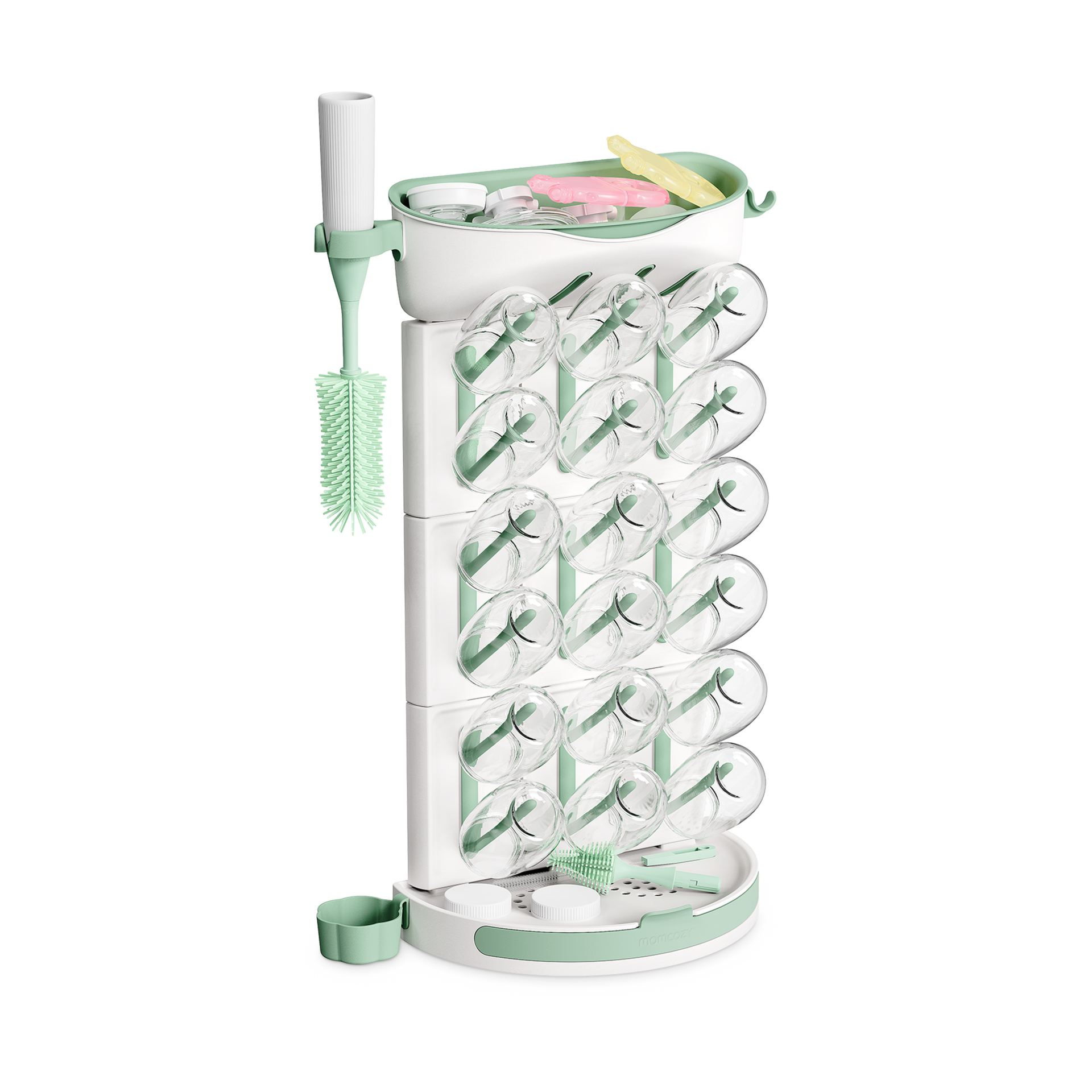 Momcozy DIY Larger Bottle Drying Rack for 18 Bottles, Space Saving Countertop Vertical Rack with Brushes Holder, Detachable Travel Bottle Rack for Baby Accessories & Pump Parts
