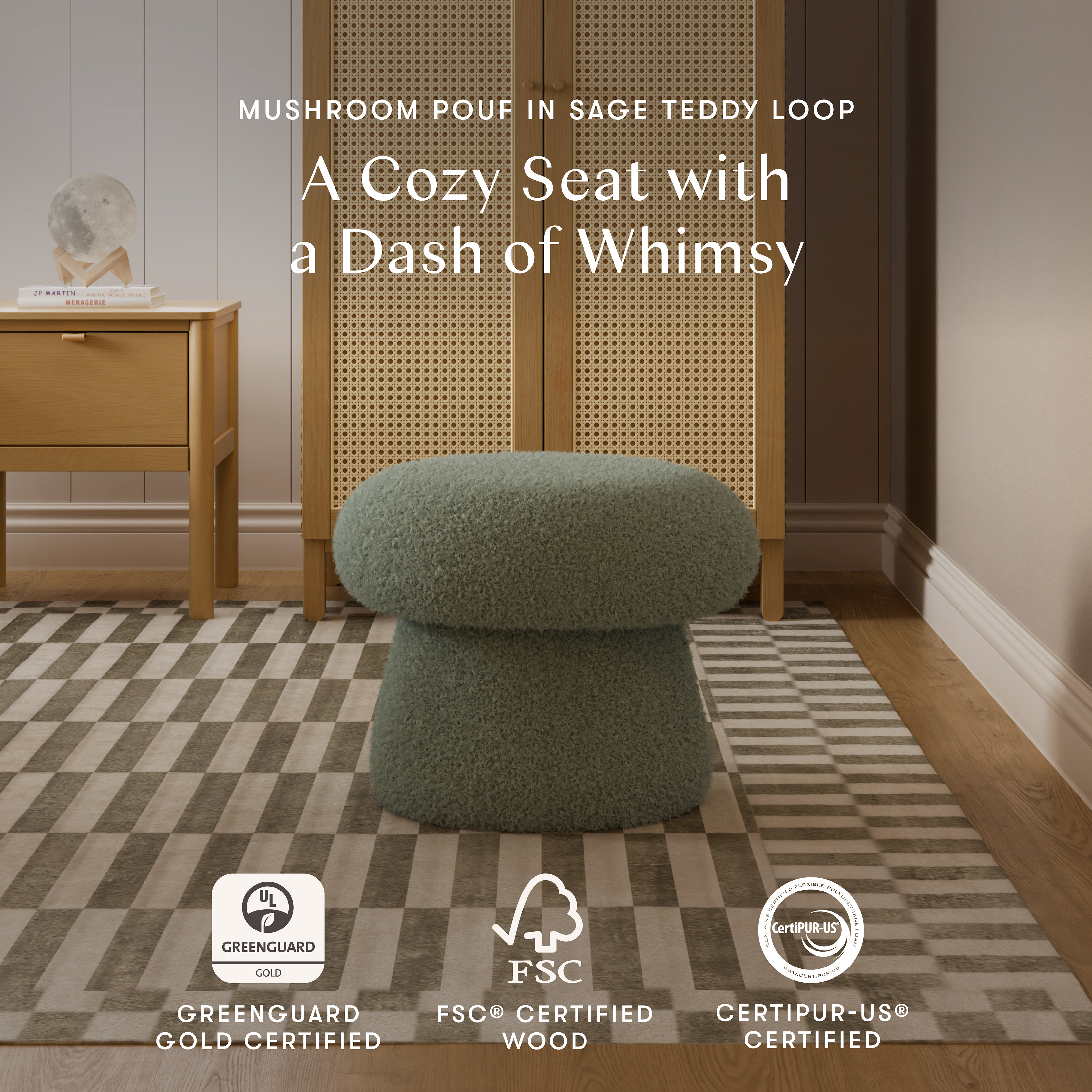 babyletto Mushroom Pouf - Sage Teddy Loop.