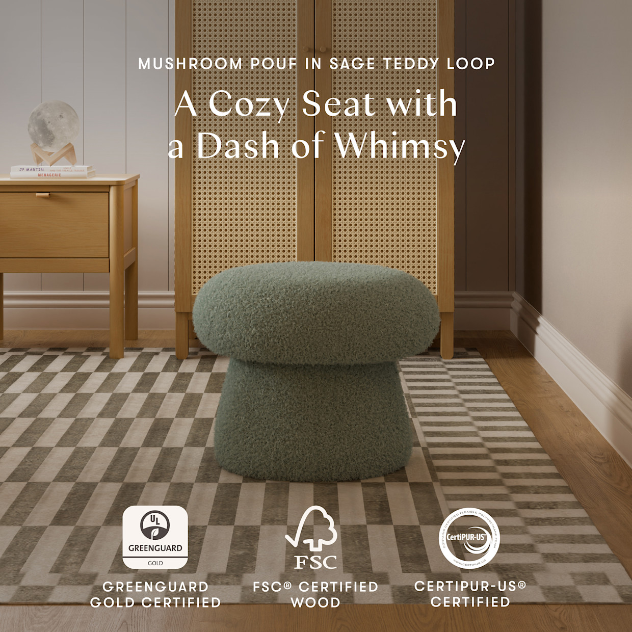 babyletto Mushroom Pouf - Sage Teddy Loop.