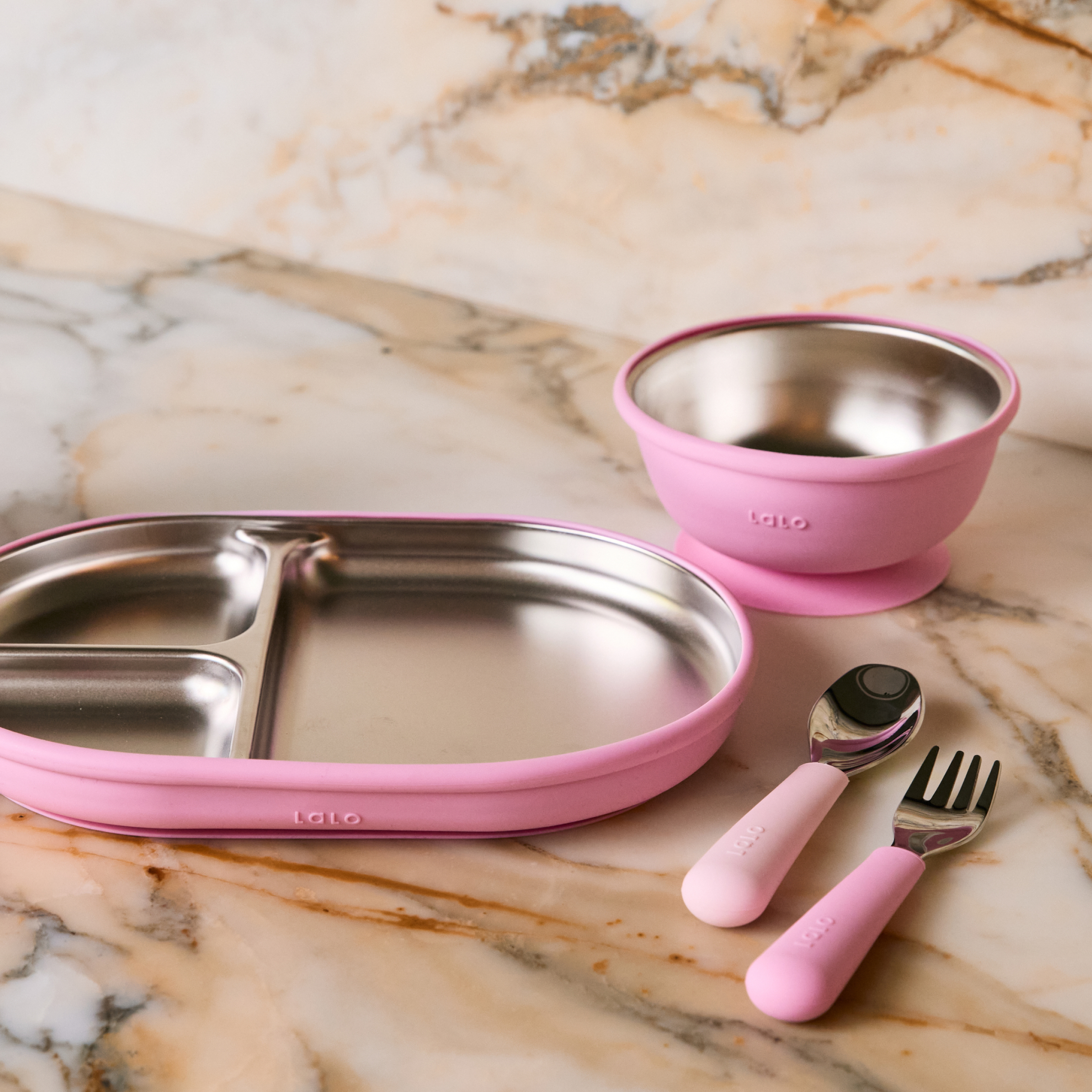 Lalo Stainless Mealtime Essentials - 4pc Set - Bubble Gum.