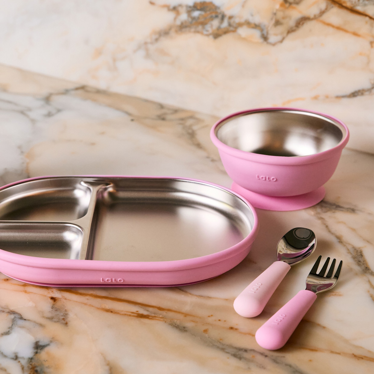 Lalo Stainless Mealtime Essentials - 4pc Set - Bubble Gum.