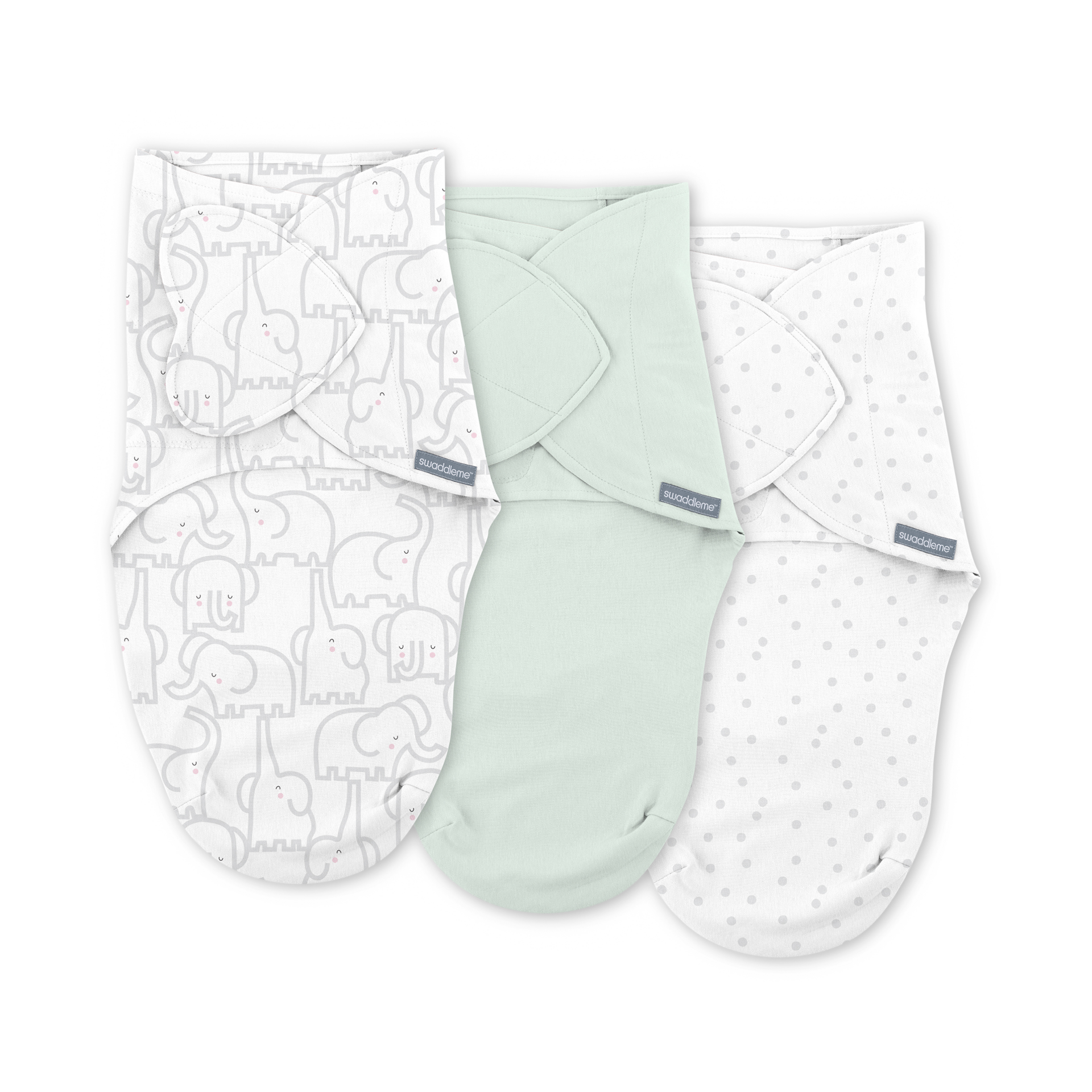 SwaddleMe by Ingenuity Monogram Collection Baby Swaddle, 100% Cotton, Improves Sleep & Calms Startle Reflex, 0-3 Months, Pocket Fold Design for Easy Changes, 1.0 TOG, 3-Pack - Elephant Dance