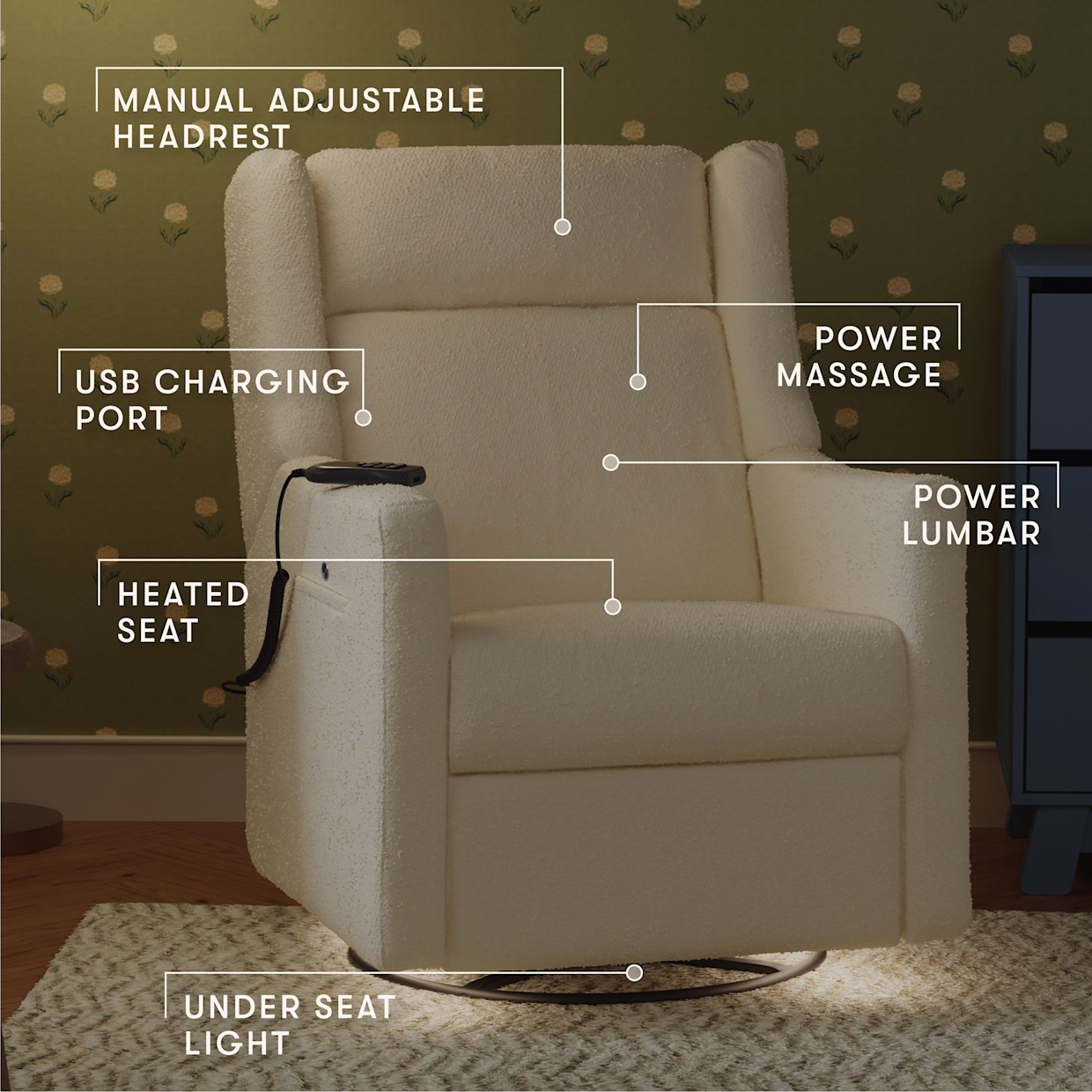 babyletto Kiwi Deluxe Power Recliner and Swivel Glider - Performance Ivory Boucle.