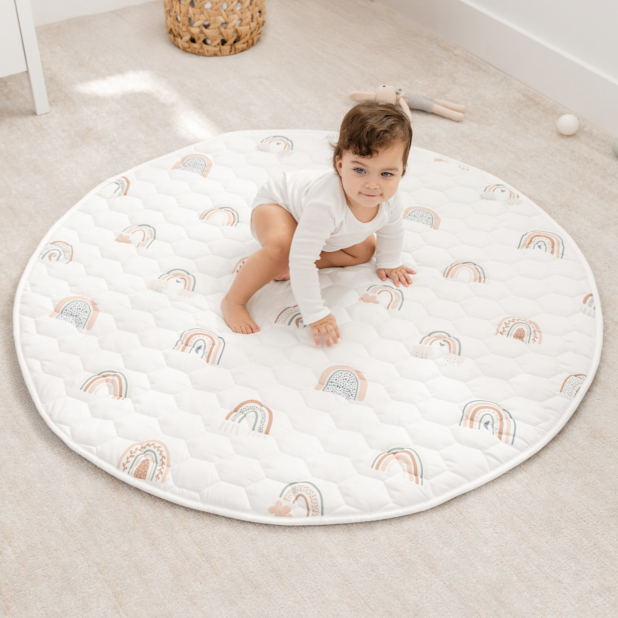 Comfy Cubs Quilted Kids Play Mat with Non-Slip Bottom - Rainbow, Circle.