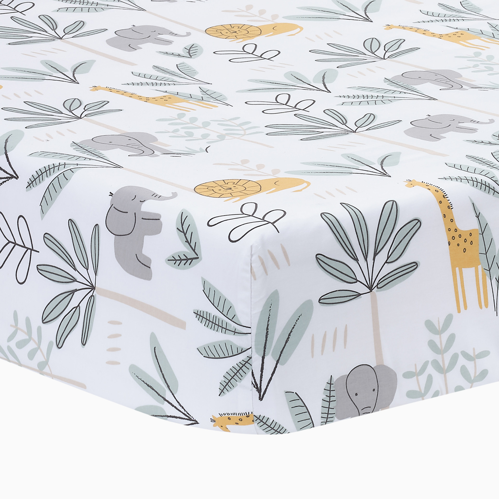 Fitted crib sheet with jungle adventure pattern.