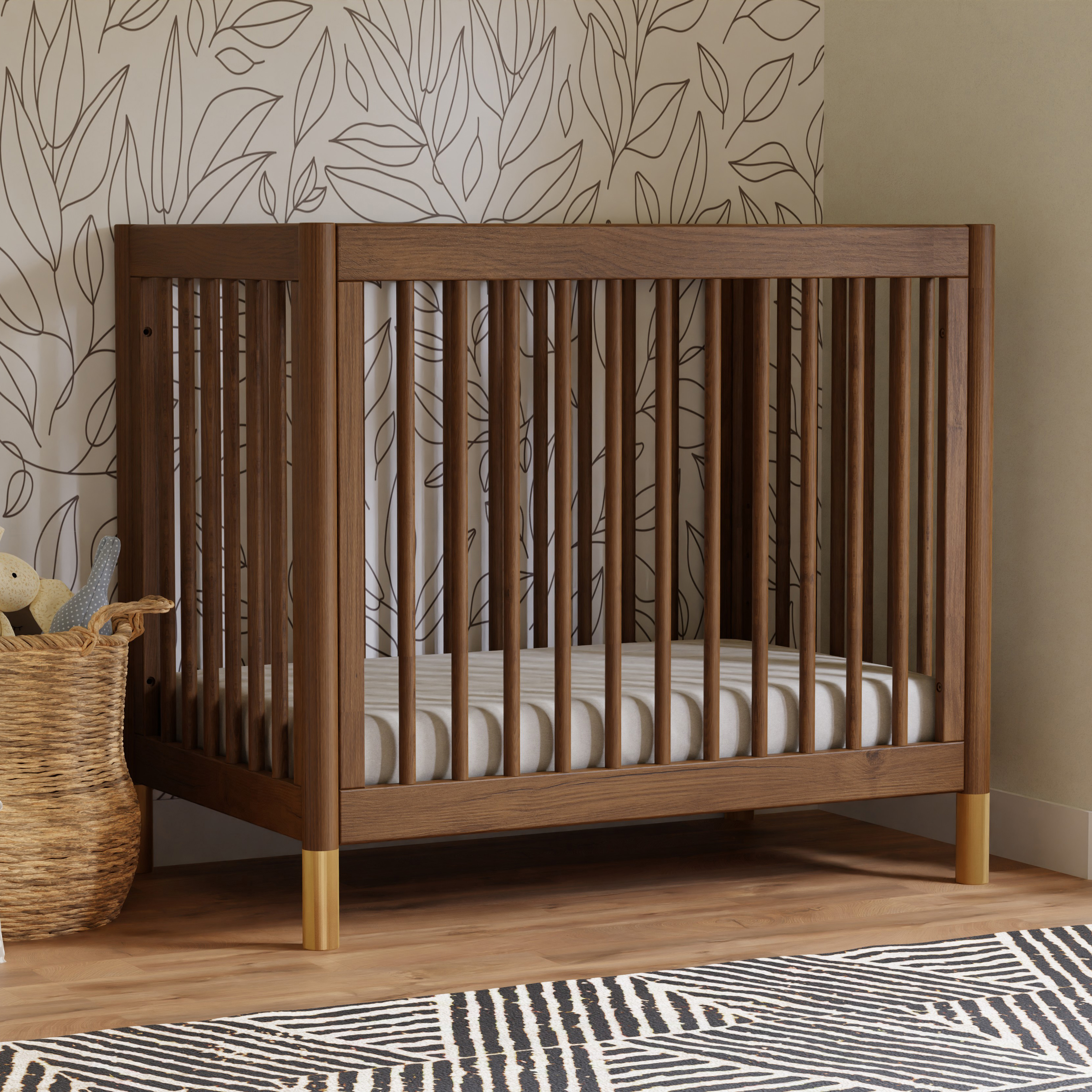 babyletto Gelato 4-in-1 Convertible Mini Crib - Natural Walnut & Gold Feet.