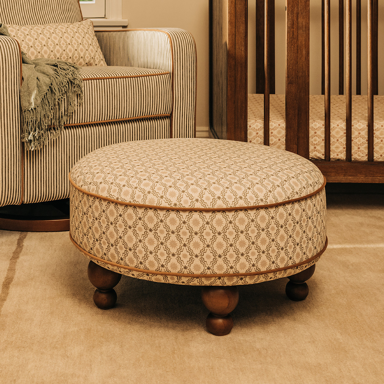 babyletto Astre Ottoman by Nate Berkus - Performance Olive Star Eco-Crossweave W/ Toffee Feet.