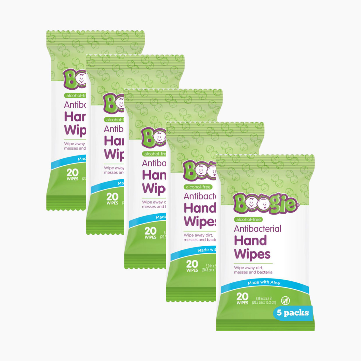 Boogie Antibacterial Hand Wipes (5 Pack) - Green, Unscented, 20.