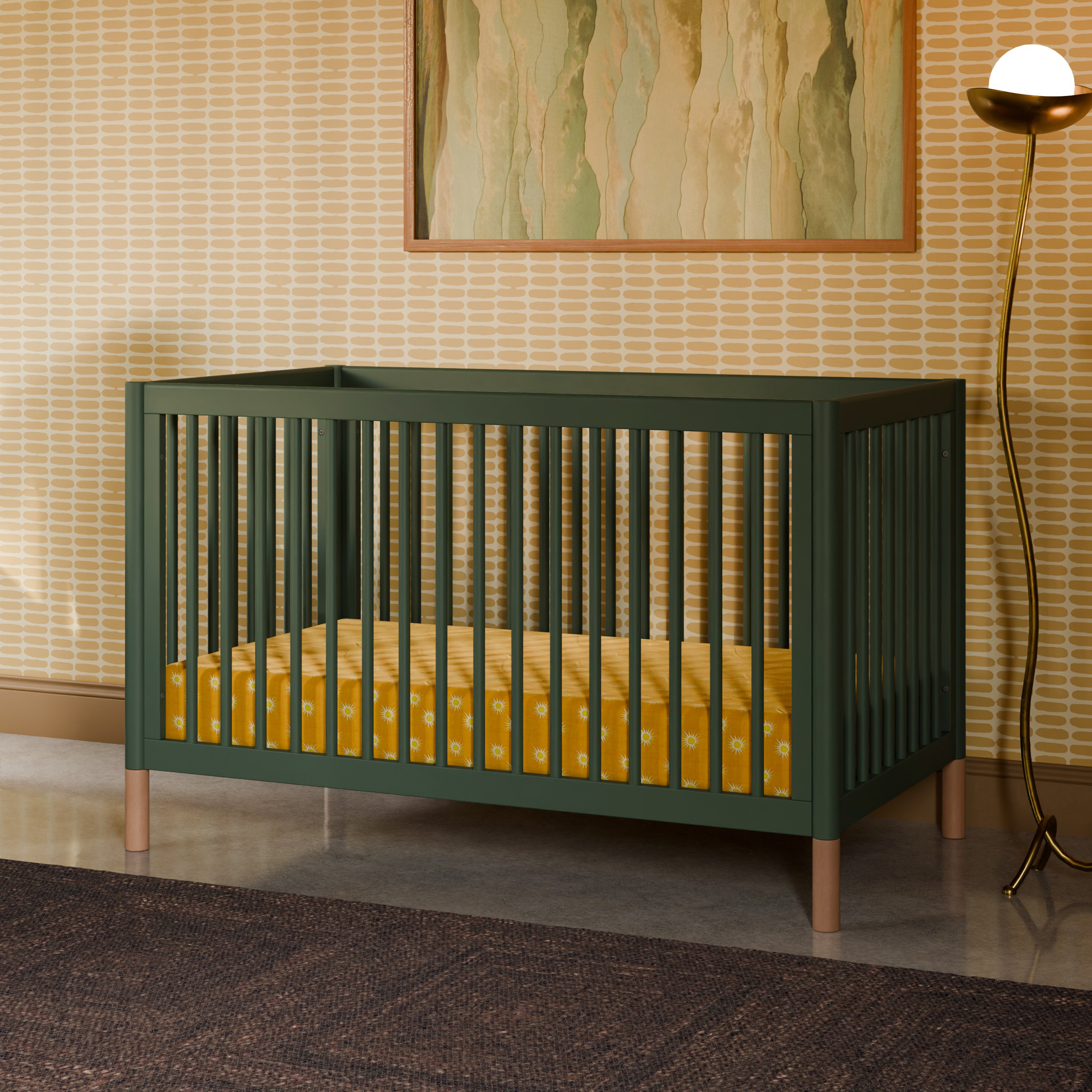 babyletto Gelato 4-in-1 Convertible Crib with Toddler Bed Conversion Kit - Forest Green With Vegan Blonde Leather Feet.