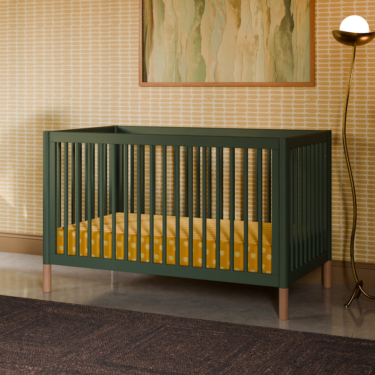 babyletto Gelato 4-in-1 Convertible Crib with Toddler Bed Conversion Kit - Forest Green With Vegan Blonde Leather Feet.