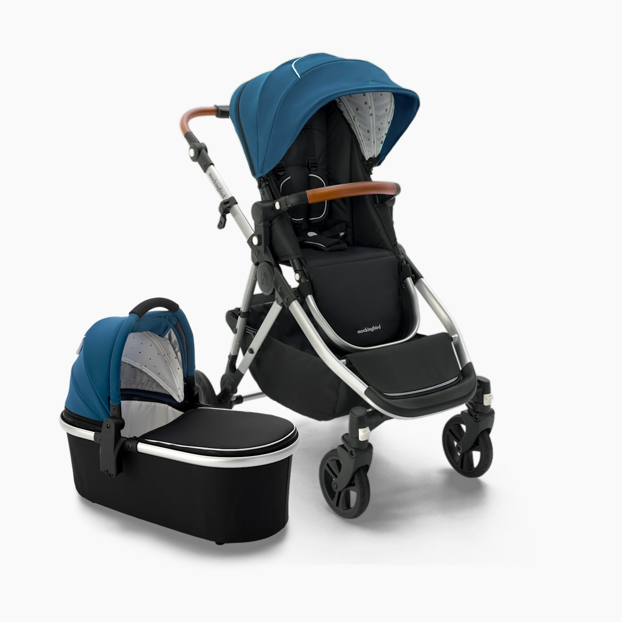 Mockingbird Single-to-Double Stroller 2.0 and Bassinet Bundle - Sea/Watercolor Canopy With Penny Leather.