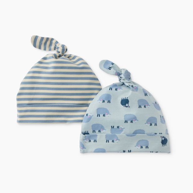 Hanna Andersson 2-Pack Baby Layette Top Knot Beanie in HannaSoft™ - Mini Lamb On Celestial Blue, Newborn.