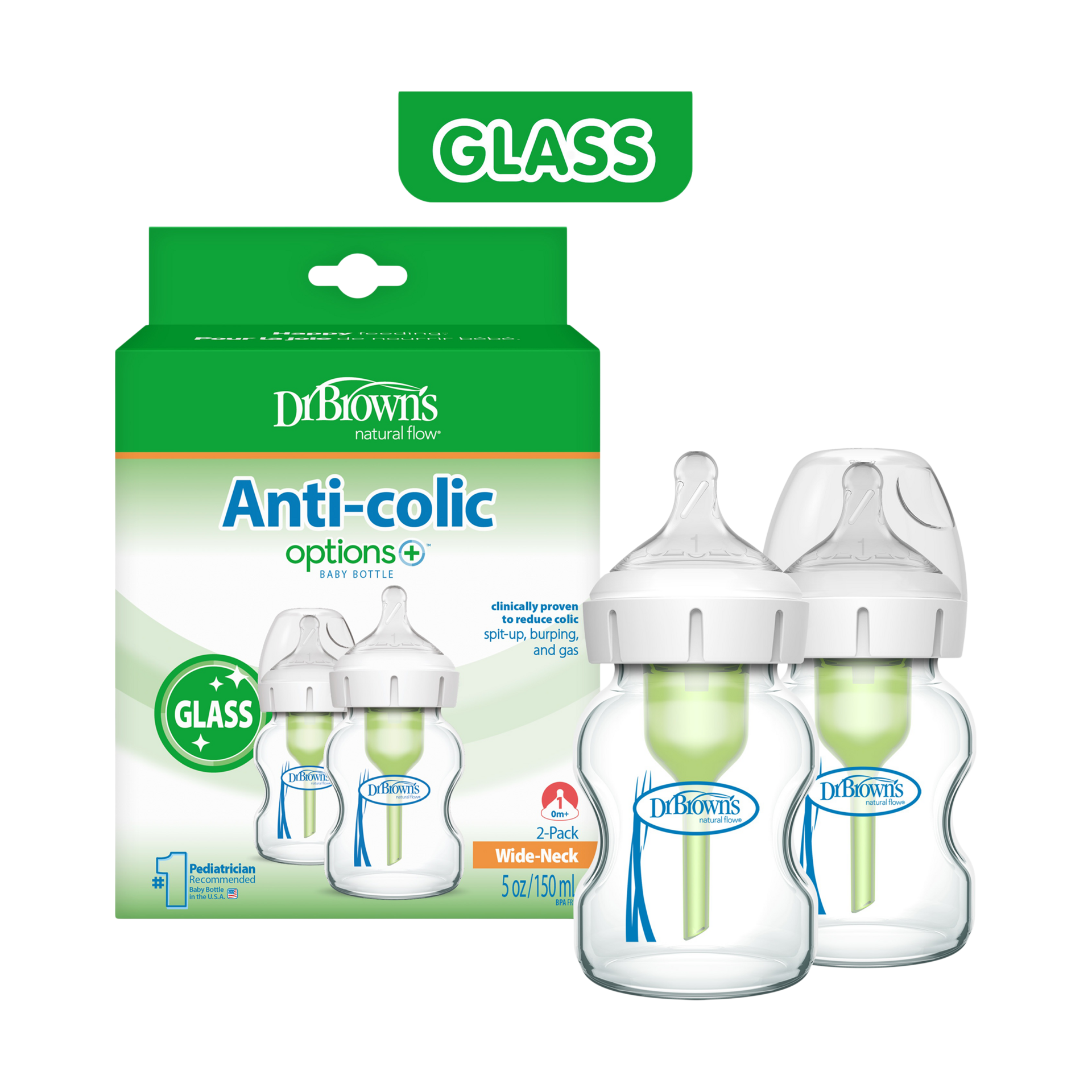 Dr. Brown's Anti-colic Options+ Wide-Neck Glass Baby Bottle.