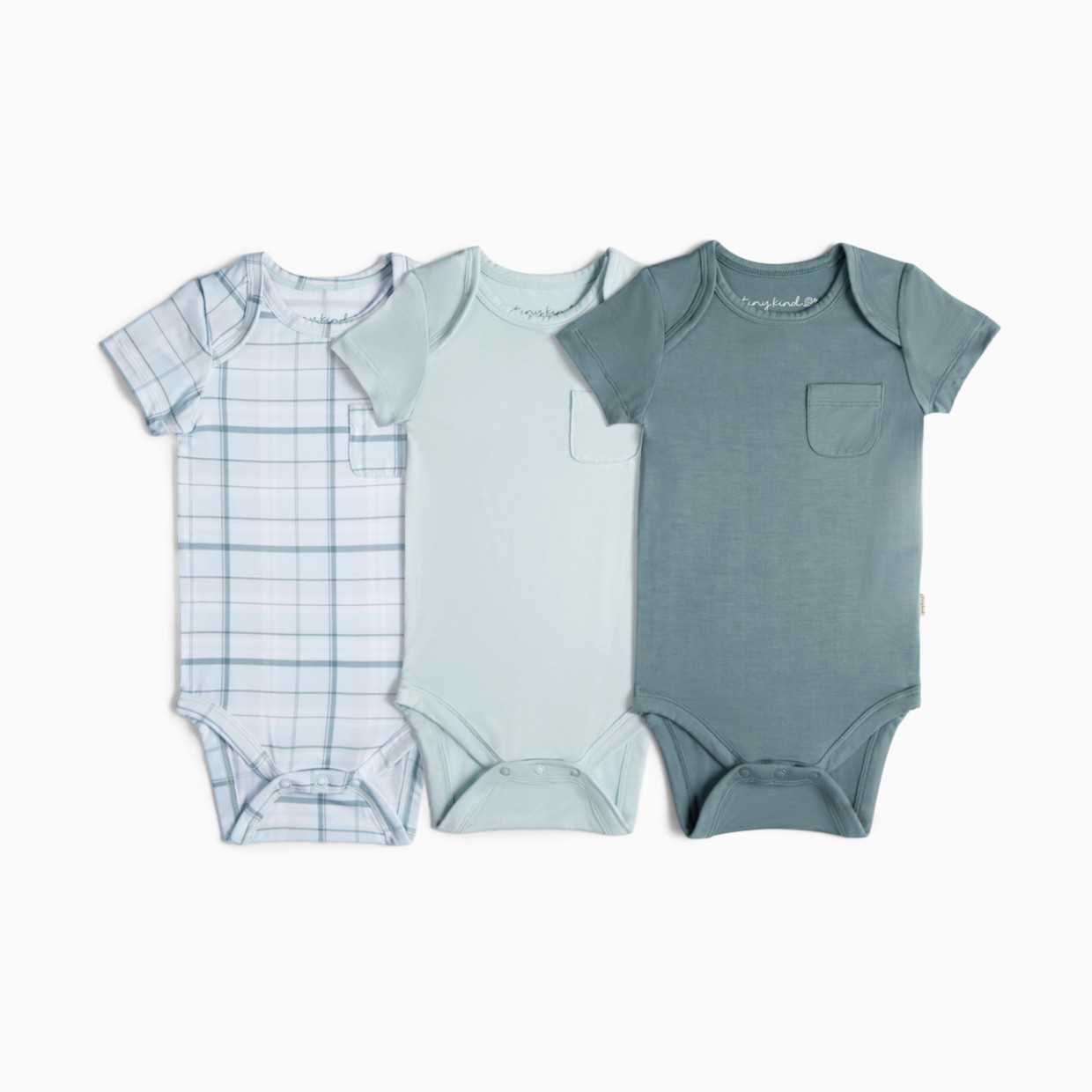 Tiny Kind Bamboo Viscose Bodysuit with Pocket (3 Pack) - Blue Plaid, Sky Blue, Slate Blue, Nb.