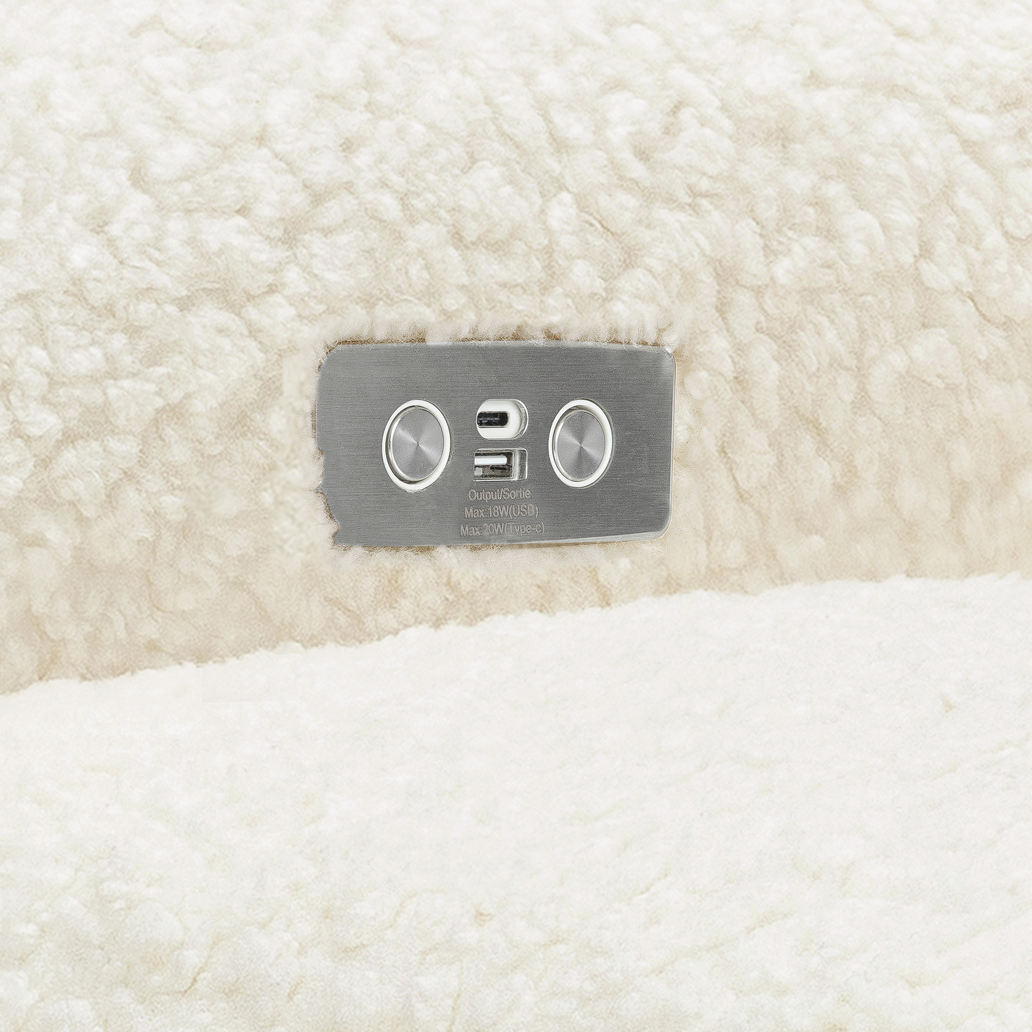 Nursery Works Sunday Power Recliner and Swivel Glider - Cream Shearling With Light Wood Base.