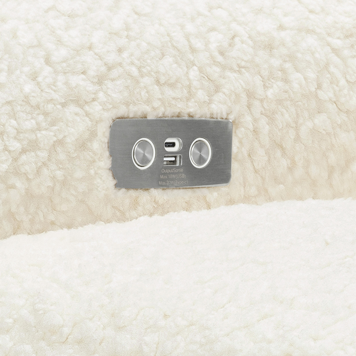 Nursery Works Sunday Power Recliner and Swivel Glider - Cream Shearling With Light Wood Base.