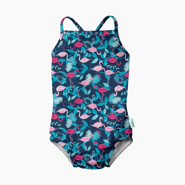GREEN SPROUTS One-Piece Swimsuit With Built-In Swim Diaper - Navy Flamingos, 0-6 Months.