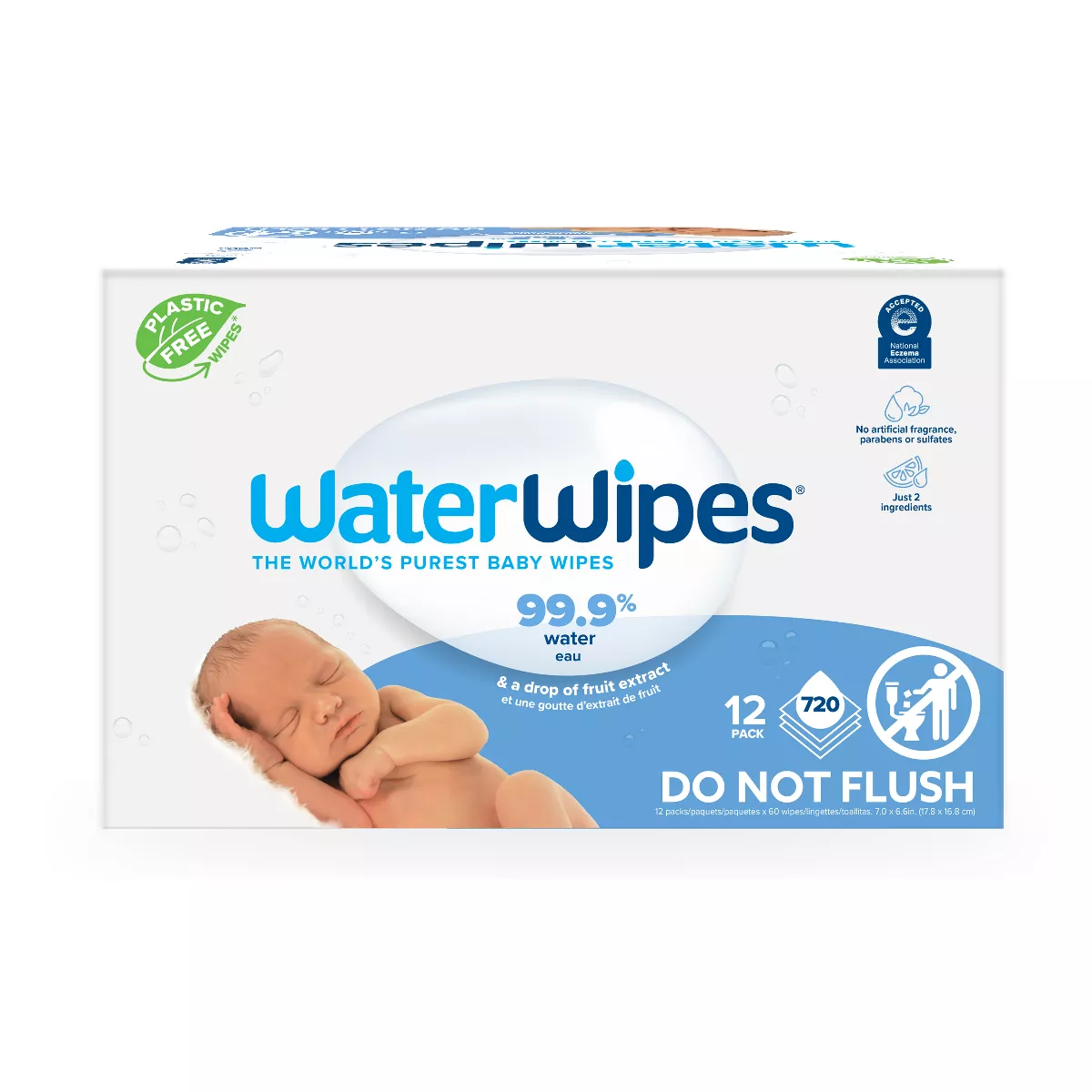 WaterWipes Plastic-Free Original Baby Wipes, 99.9% Water Based Wipes, Unscented & Hypoallergenic for Sensitive Skin, 60 Count (Pack of 12), Packaging May Vary