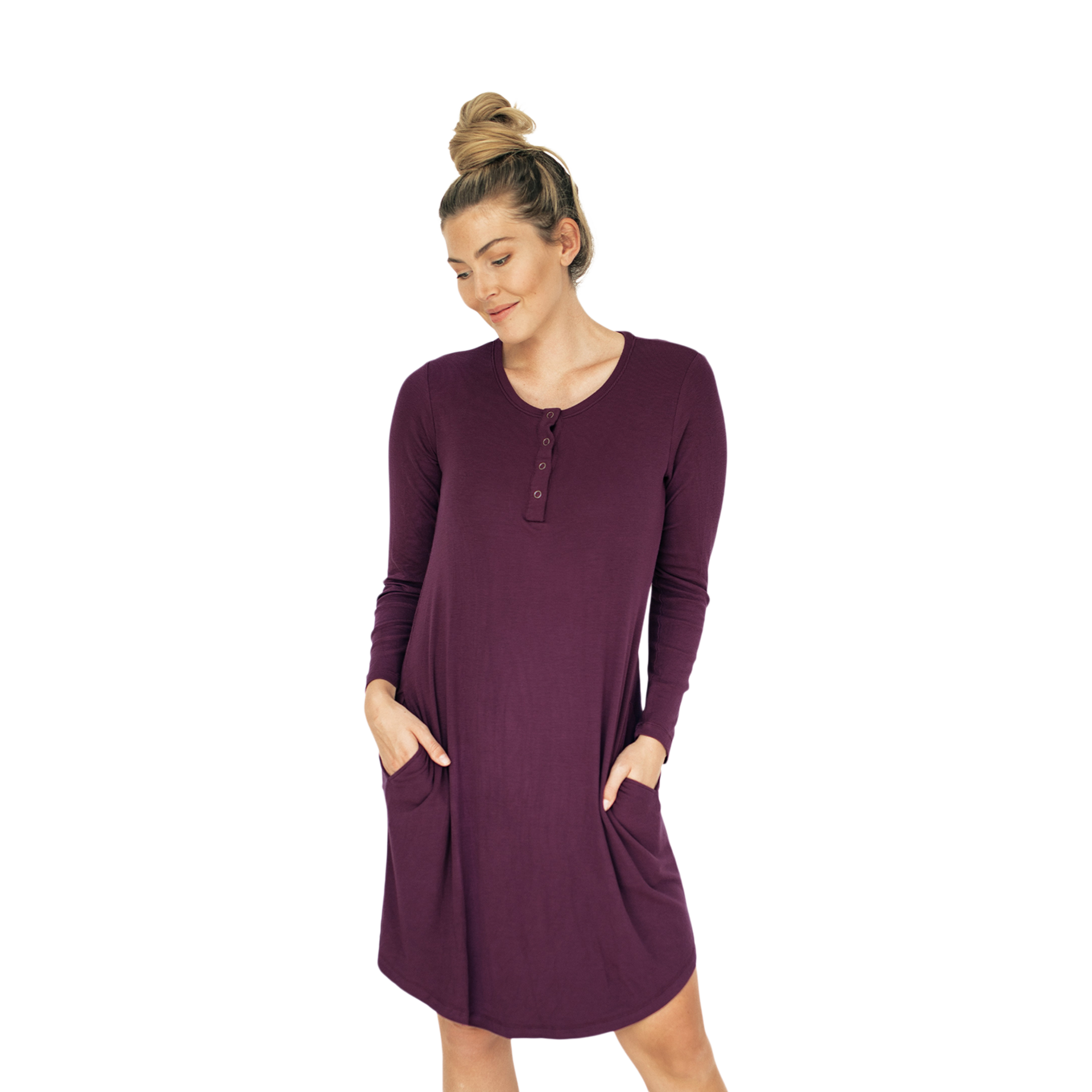 Kindred Bravely Betsy Bamboo Henley Nursing Nightgown - Burgundy, 1X.