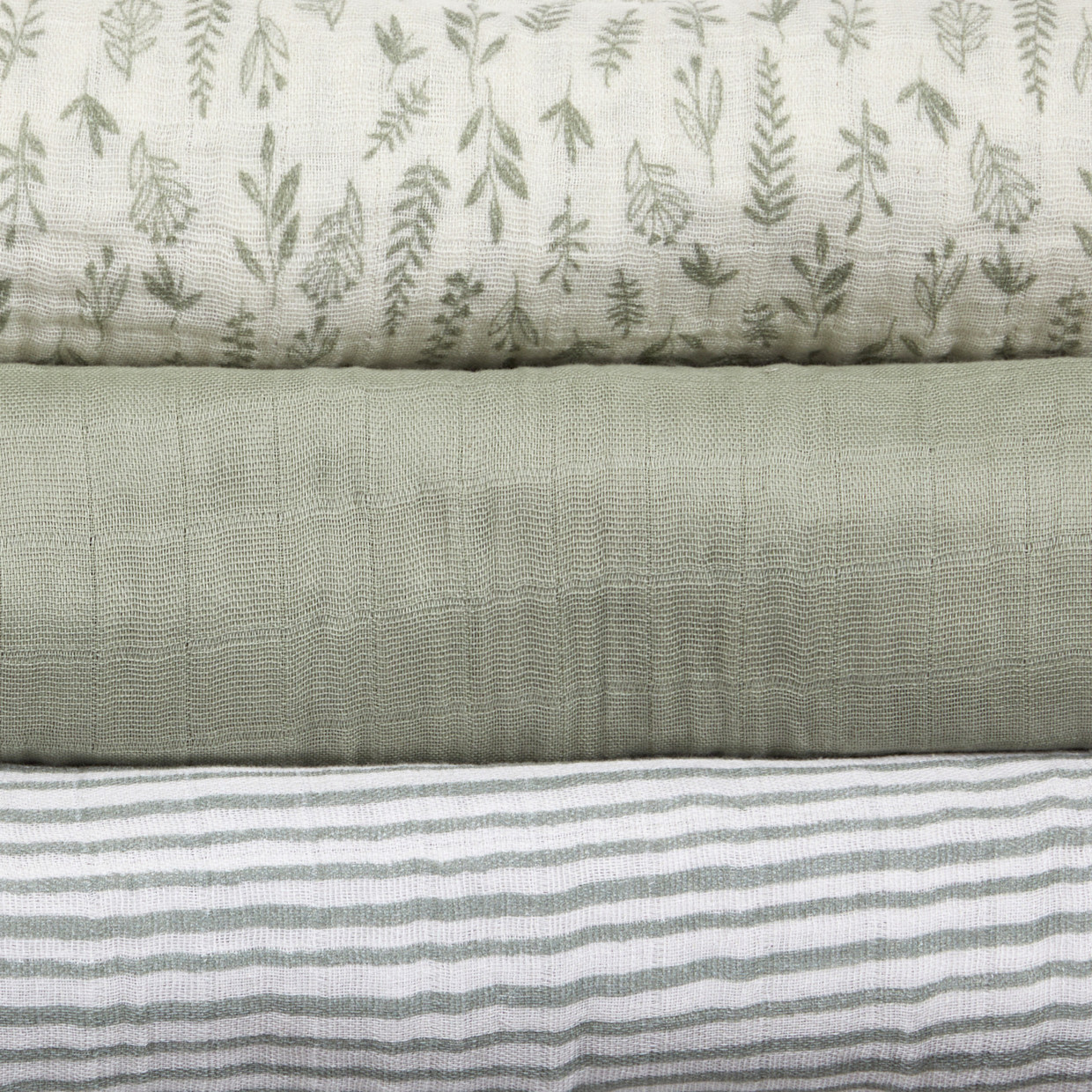 Tiny Kind 3 Pack Organic Muslin Swaddle - Multi Leaf Sage.