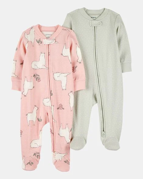 Baby Girl 2-Way Zip Cotton Sleep & Play Pajamas, 2-Pack.